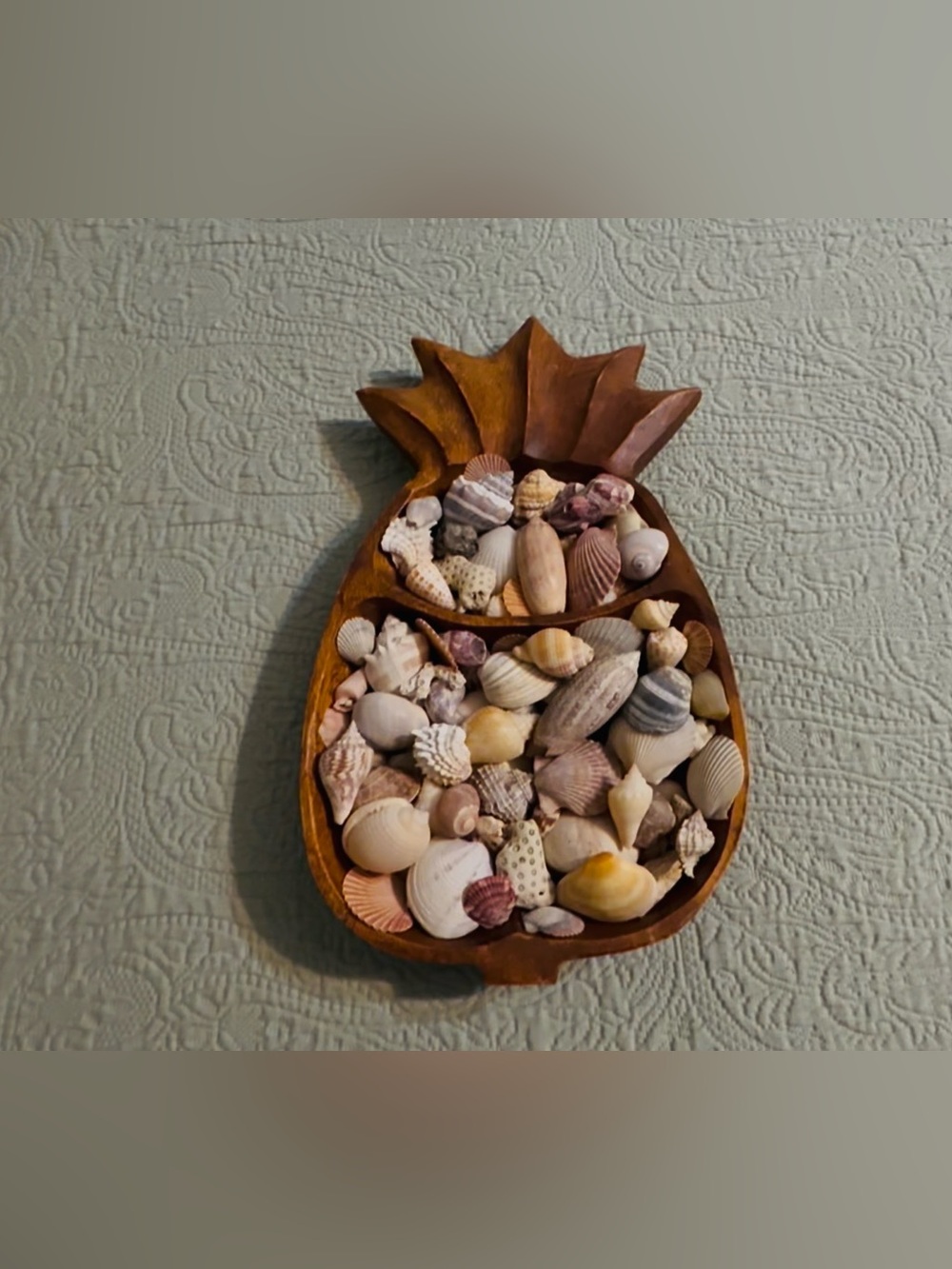 Hand carved wood pineapple tray, with local FL shells.